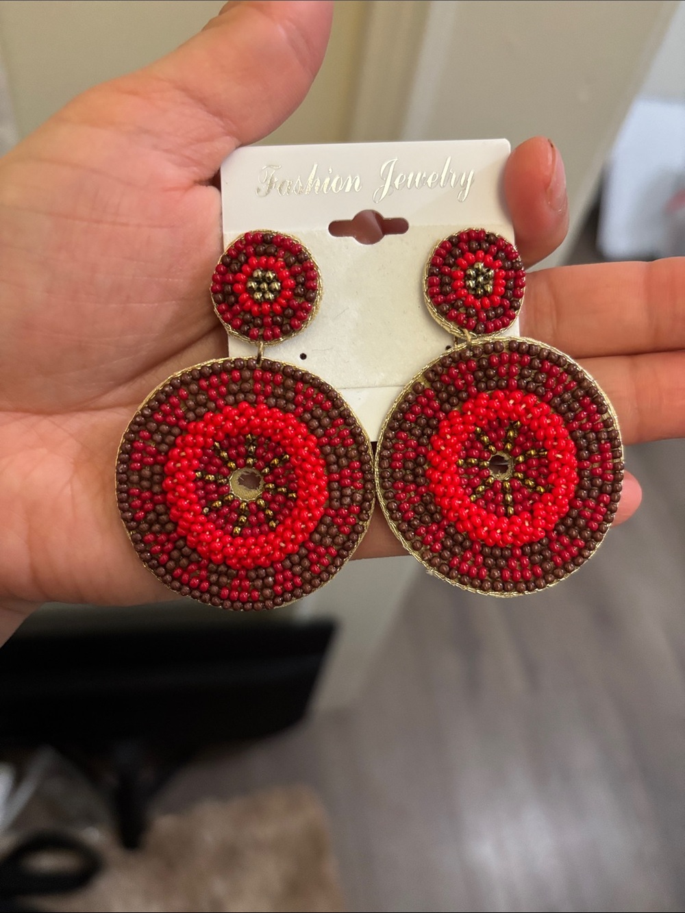 Fashion Jewelry Red and Brown Beaded Double Circle Drop Earrings